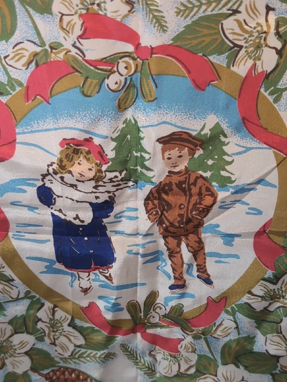 Vntg 100% Silk Square Scarf with Holiday Design, 1992 Old Fashioned